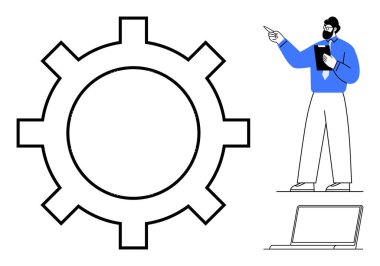 İş adamı, büyük vites ve dizüstü bilgisayarın yanında fikirler sunuyor. Takım çalışması, yenilik, problem çözme, süreçler, danışmanlık, iş akışı tasarımı, eğitim için idealdir. Düz basit metafor