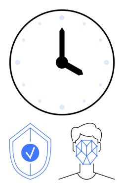 Asgari saat yüzlü, işaretli kalkan ve yüz tanıma çizgisi. Güvenlik, gizlilik, zaman yönetimi, dijital kimlik, kimlik doğrulama teknolojisi koruması için ideal. Düz basit metafor
