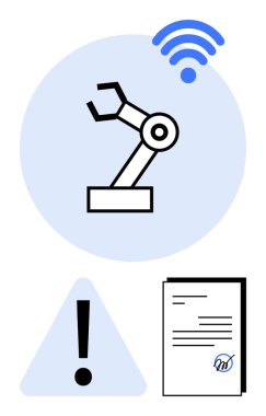 Mavi dairede sinyal simgesi olan robot kol, güvenlik uyarı üçgeni, imzalı belge. Robotlar için ideal, otomasyon, uyum, kablosuz teknoloji, güvenlik yeniliği üretimi. Düz basit