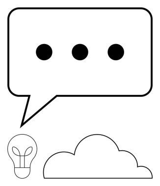 Üç noktalı konuşma balonu, ampul ve siyah çizgili bulut. Yaratıcılık, beyin fırtınası, iletişim, fikirler, yenilik tartışması ve takım çalışması için idealdir. Düz basit metafor