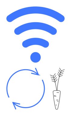 Kablosuz sinyal, geri dönüşüm okları, havuç sembolize etme teknolojisi, sürdürülebilirlik, tarım. Çevre dostu uygulamalar, yenilenebilir kaynaklar, akıllı tarım, dijital yenilik İnternet