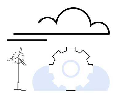 Rüzgar türbini, teçhizat ve bulut sürdürülebilir enerji, verimlilik ve yenilik göstermektedir. Bilim, çevre, sürdürülebilirlik, teknoloji yenilenebilir enerji mühendisliği için ideal düz metafor
