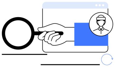 Profil resmi üzerinde büyüteç, kullanıcı aramasını gösteren tarayıcı penceresi, dijital kimlik. İşe alım, araştırma, analiz, profil yönetimi, doğrulama için ideal, çevrimiçi