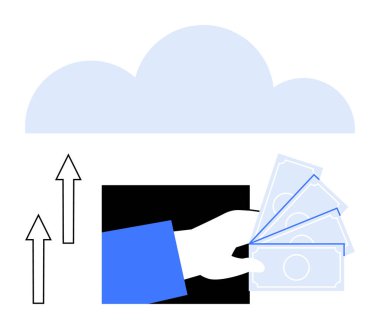 El ele tutuşan kağıt para bulutların altında ve oklar yukarı doğru akışını gösteriyor. Finans, bankacılık, ödeme sistemleri, yatırımlar, dijital ekonomi, tasarruflar, ekonomik büyüme için ideal. Düz basit metafor