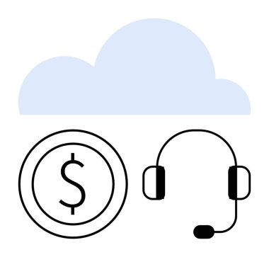 Para birimi ve kulaklık üzerindeki bulut çevrimiçi finansal hizmetleri, bulut tabanlı müşteri desteğini ve sanal çözümleri sembolize ediyor. Finans, destek, bulut teknolojisi, uygulamalar, iletişim için ideal