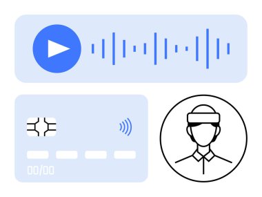Ses dalgası ile oynat, NFC sinyalli çip kartı, VR kulaklıklı adam. Teknoloji, UXUI, ARVR, fintech, işitsel yenilik, minimal görsel düz metafor için ideal