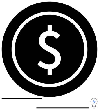 Merkezinde beyaz dolar işareti olan siyah daire finans, para, yatırım ve ekonomiyi gösteriyor. Bankacılık, pazarlama, e-ticaret, tasarruf ve bütçe hesapları için ideal