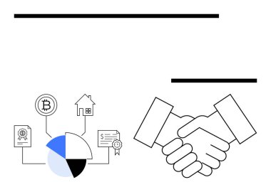 Kripto para, ev, belgeler ve pasta grafiğinin yer aldığı finansal bir diyagramın yanında el sıkışma. İş, ortaklık, yatırım, anlaşma, finansman engelleme işbirliği için ideal. Düz