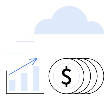 Yukarı doğru ok, bozuk para yığını ve büyümeyi, karı ve bulut teknolojisini görselleştiren bulut grafiği. İş, finans, teknoloji, veri başarısı ekonomisi için idealdir. Basit bir metafor.