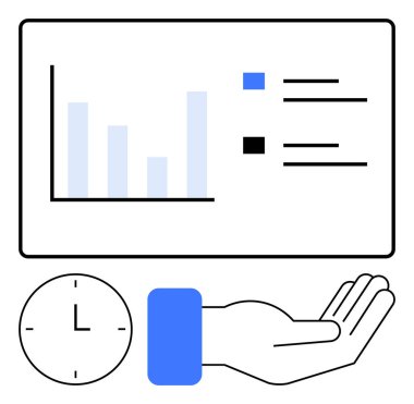 Çubuklu ve kategorili grafikler, saati gösteren saatler ve el desteği. Verimlilik, üretkenlik, takım çalışması, planlama, değerlendirme, iş hedefleri için ideal düz bir metafor