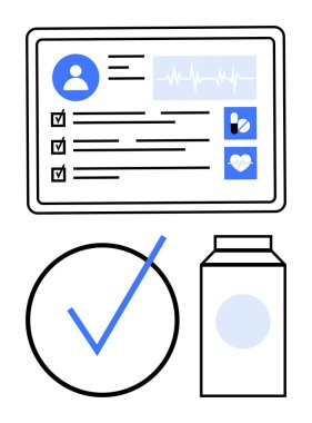 Hasta profili, kalp atış hızı, ilaç ikonları, kontrol listesi, onay kenesi ve ilaç şişesi olan sağlık paneli. Sağlık, sağlık, teletıp tedavisi, kontrol listesi düzlüğü için ideal
