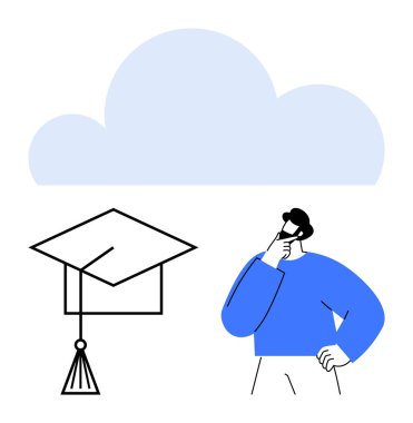 Mezuniyet şapkası altındaki düşünceli bir adam e-öğrenmeyi, bilgiyi ve kariyer yolunu sembolize ediyor. Çevrimiçi öğrenim, eğitim, akademik büyüme, hırs ve gelecek planlama için ideal