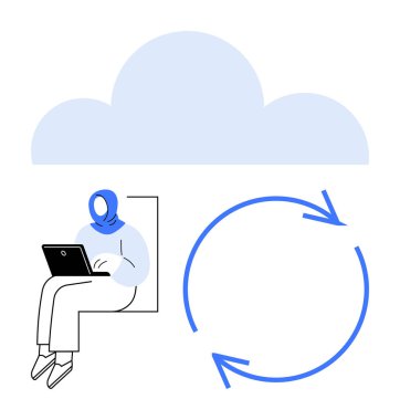 Dairesel okların yanında bulut sembolü altında çalışan dizüstü bilgisayarlı kullanıcı veri senkronizasyonunu gösteriyor. Bulut hizmetleri, veri paylaşımı, takım çalışması, işbirliği, teknoloji, üretkenlik, düz
