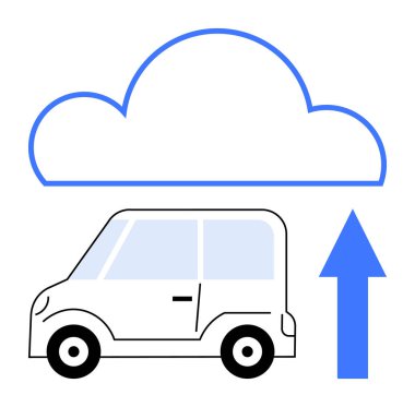 Bulutun altındaki küçük araba ve yukarı doğru ok veri yükleme, bulut depolama ve teknolojiyi temsil ediyor. Yenilik, IOT, ulaşım, sürdürülebilirlik, otomasyon, bağlantı hareketliliği kavramları için ideal