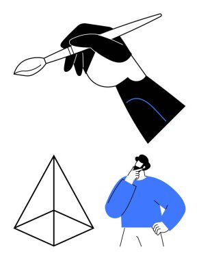 El fırçası, 3 boyutlu piramit çizimi, yaratıcı fikirleri düşünen düşünceli bir adam. Yaratıcılık, tasarım süreci, yenilik, problem çözme, geometri sanatı ilhamı için idealdir. Düz basit
