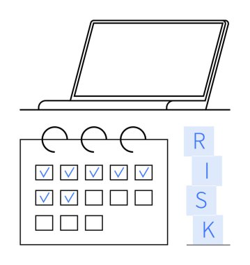 Dizüstü bilgisayar, işaretli takvim ve risk içeren sözcük engelleri. Üretkenlik, planlama, teslim tarihleri, risk yönetimi, organizasyon iş akışı stratejisi için idealdir. Soyut çizgi düz metafor