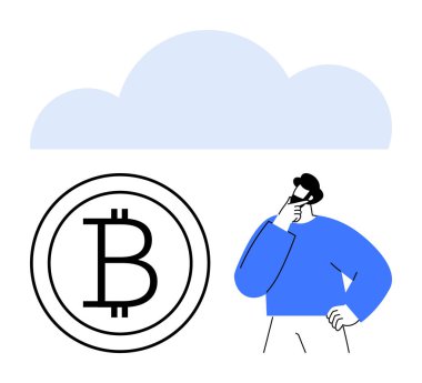 Adam bulutun altında Bitcoin işaretinin yanında kafa yoruyor. Kripto para birimi, teknoloji, yenilik, finans, karar verme, yatırımlar, engelleme zinciri için idealdir. Düz basit metafor