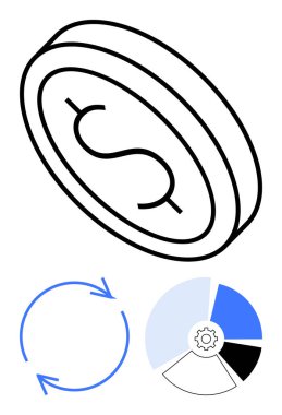 Dolar işaretli sikke, akışı gösteren dairesel oklar ve dişli segmentli pasta grafiği. Finans, ekonomi, iş, akış, yatırım bütçesi stratejisi için ideal. Düz basit metafor