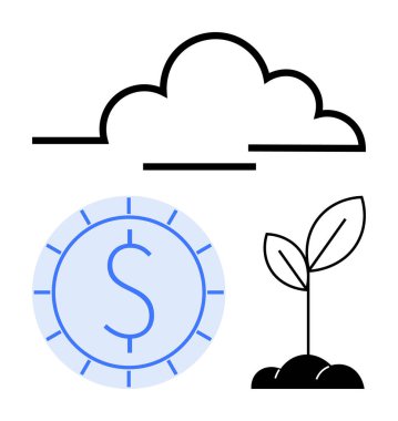 Paranın ve bitkinin üzerinde bulutlar uçuşuyor. Finans, yatırım, sürdürülebilirlik, büyüme, yenilik, bulut teknolojisi, modern ekonomi için idealdir. Temiz düz basit metafor