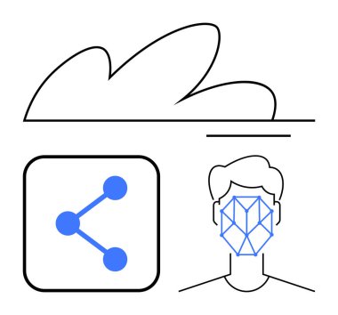 Bir çizgi ile bulut, veri paylaşım simgesi ve yüz hatları teknolojiyi, iletişimi, ağı, güvenliği, güvenliği, yapay zekayı, kişiselleştirmeyi ve bağlantıyı sembolize eder. Soyut düz metafor için ideal
