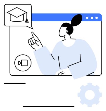 Mezuniyet şapkası ikonu, teçhizatı ve video arayüzü ile sanal öğrenme seansı sırasında el kol hareketi yapan bir kadın. Eğitim, e-öğrenim, dijital dersler, sanal toplantılar, bilgi paylaşımı için ideal