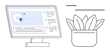 Masaüstü monitörü basit bir saksı bitkisinin yanında analitik gösterge panelini gösteriyor. Üretkenlik, çalışma alanı kurulumu, veri analizi, dijital araçlar, ofis dekoru, uzaktan çalışma, düz basit metafor için ideal