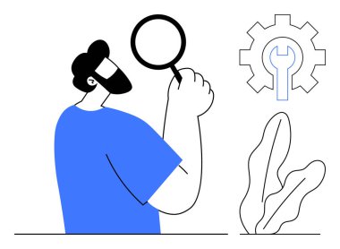 Elinde büyüteç tutan adam detayları inceliyor. Yakın teçhizatta ingiliz anahtarı sorunu çözdüğünü gösteriyor. Araştırma, analiz, sorun çözme, yenilik, takım çalışması, strateji, basit öğrenme için ideal