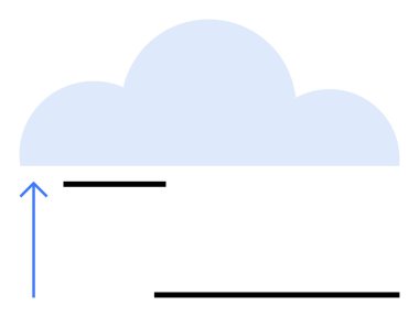 Yukarı doğru mavi ok üzerinde bulut şekli ve yatay siyah çizgiler veri hareketini ve bağlantıyı gösteriyor. Bulut hesaplama, veri transferi, teknoloji, iletişim, bilgi akışı için ideal