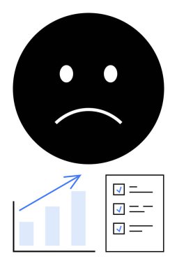 Tatminsizliği temsil eden üzgün yüz, yükselen eğilim oklu bar çizelgesi, işaretli noktalı kontrol listesi. Geri bildirim, eleştiriler, değerlendirme, ilerleme değerlendirmesi, hedef yönetimi, analiz dairesi için ideal