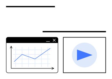 Tarayıcı penceresinde yukarı doğru ilerleyen grafikler, bir çalma düğmesinin yanında. Analiz, büyüme izleme, medya araçları, sunumlar, teknoloji, iş, düz basit metafor