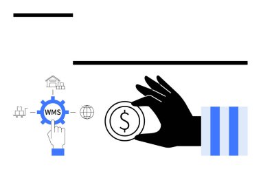 WMS teçhizatı, depo, kamyon ve ağ simgelerinin yanında dolar işareti olan el ele tutuşan bozuk para. Lojistik, tedarik zinciri, finans, teknoloji, otomasyon e-ticaret dairesi için ideal basit bir metafor