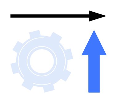 İşlem için vites, yön için siyah ok, büyüme için yukarı doğru mavi ok. Yenilik, takım çalışması, gelişme, problem çözme, üretkenlik, stratejik görüş düz metaforu için ideal