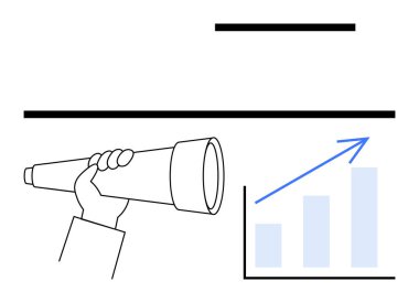 El ele tutuşan teleskop, büyüme, potansiyel ve stratejiyi temsil eden yukarı doğru ok ile çizelgesini yükseltmeye çalışıyor. İş, planlama, hedefler, finans, vizyon fırsatı başarısı için idealdir. Düz