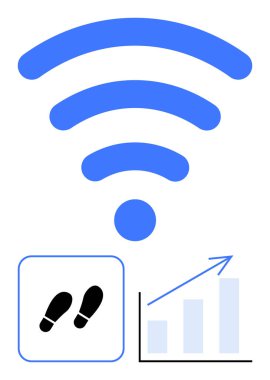 Ayak izlerinin üstündeki kablosuz sinyal ve okla yükselen grafik bağlantıyı, izlemeyi, ilerlemeyi, gelişmeyi, gelişmeyi, IoT 'u sembolize ediyor. Veri analizi, teknoloji, iş dünyası ve yenilik için ideal