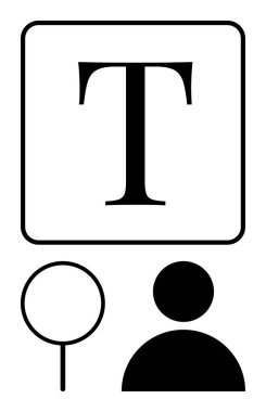 Odak kutusundaki büyük T, büyüteç detayı vurguluyor, profil kullanıcı yönünü temsil ediyor. Tasarım, arama, analiz, tipografi, odaklanma sadeliği için ideal. Düz basit metafor