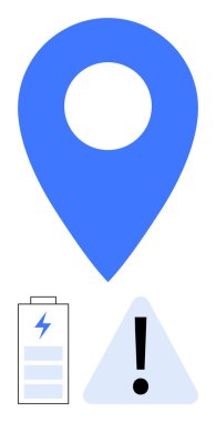 Mavi lokasyon navigasyonu simgeliyor. Batarya ikonu enerji ya da gücü temsil ediyor ve üçgen ünlem işareti uyarı ya da öncelik uyarısı öneriyor. Navigasyon, uyarı ve verimlilik için ideal