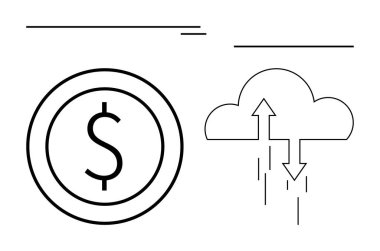 Çift yönlü okları olan bir bulutun yanında dolar işareti. Finans, bulut depolama, veri alışverişi, dijital ödemeler, e-ticaret, çevrimiçi işlemler, yatırım için ideal. Düz basit metafor