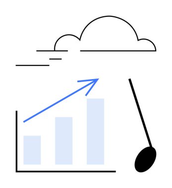 Büyümeyi, veri eğilimlerini ve bulut hesaplama potansiyelini aktaran bir bulutun altındaki yukarı doğru ok grafiği. Analiz, teknoloji, ilerleme, başarı, yenilik, dijital çözümler için ideal gelecek