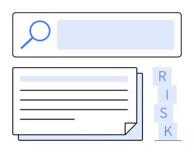 Arama çubuğu olan büyüteç, katmanlı belgeler, RISK oluşturan mektuplar. Araştırma, karar verme, analiz, veri yönetimi, strateji, soyut satır düz metaforu için ideal