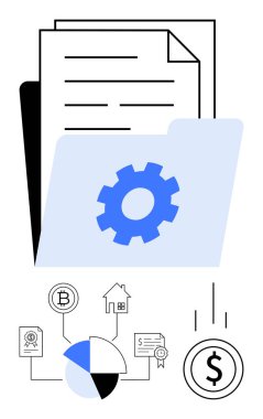 Belge ve teçhizatlı klasör, kripto para birimini, gayrimenkul ve haritaları para akışına bağlayan şema. Finans, yönetim, engelleme teknolojisi, verimlilik, organizasyon veri analizi için ideal