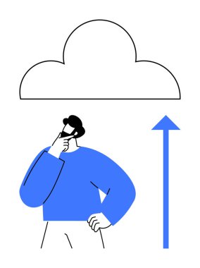 Mavi tişörtlü, bulutların altında düşünen, yukarı doğru ok atan, veri yükleme ya da bulut depolama öneren biri. Teknoloji, yenilik, beyin fırtınası, bulut hesaplaması, karar verme, yaratıcılık için ideal