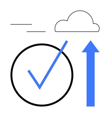 Çemberdeki işaretler, yukarı doğru mavi ok, bulut ve hareket çizgileri başarıyı, ilerlemeyi, bulut hesaplamasını, verimliliği, büyüme yeniliğini ve dijital dönüşümü simgeliyor. Basit bir daire için ideal