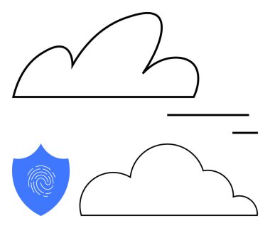 Ana hatları belirlenmiş bulutlar veri depolamayı temsil ediyor. Üzerinde parmak izi olan mavi kalkan güvenliği işaret ediyor. Teknoloji, veri koruması, bulut bilgisayarı, siber güvenlik, mahremiyet, dijital güvenlik ağı için ideal. Düz basit