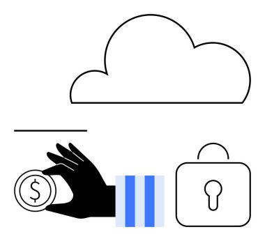 Kilit ve bulutun yanında el ele tutuşan para birikimleri, güvenliği ve dijital depolamayı vurguluyor. Finans, teknoloji, veri güvenliği, çevrimiçi bankacılık, güvenlik sistemleri bulut depolama için ideal