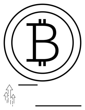 Dairesel bir sınırın içine gizlenmiş bitcoin sembolü, yukarı doğru küçük oklar mali büyüme, yatırım artışını işaret ediyor. Kripto para birimi, engelleme zinciri, fintech, yatırımlar, yenilik, teknoloji için ideal