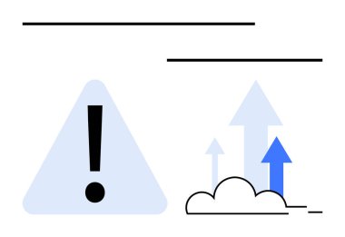Buluttan yükselen okların yanında ünlem işareti olan uyarı sembolü. Konseptler için idealdir risk, dikkat, ilerleme, büyüme, strateji, uyarı uyarıları, motivasyon. Düz basit metafor