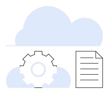 Bir dişli ve belge simgesi ile bulut şekilleri bulut depolama, dosya yönetimi ve yapılandırma iletir. Teknoloji, depolama, otomasyon, ağ, iş akışı, bağlantı ve bulut hesaplaması için ideal