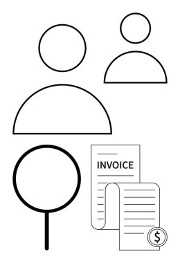 Kullanıcı profillerinin yakınındaki büyüteç ve para birimi sembollü fatura belgeleri mali veya idari soruşturmayı gösteriyor. Analiz, finans, yönetim, işe alım, muhasebe için ideal