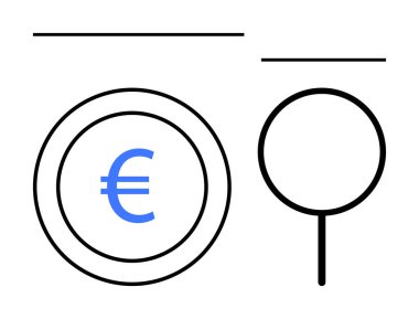 Çemberin içinde büyüteçle eşleştirilmiş bir Euro sembolü. Finans, para birimi analizi, yatırımlar, ekonomi çalışmaları, denetim, zenginlik yönetimi için ideal, düz bir metafor