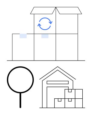 İçinde geri dönüşüm sembolü, büyüteç ve depo olan kutular. Lojistik, nakliye, depolama, sürdürülebilirlik, organizasyon e-ticaret envanteri için ideal. Düz basit metafor